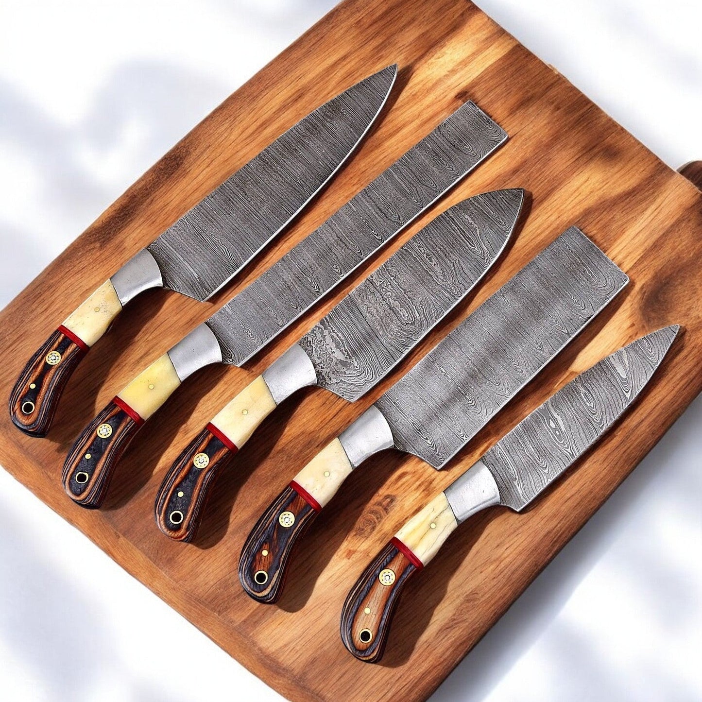 Damascus Knife Store Handmade Steel Kitchen Knives Set with Leather Roll - Angler's Pro Tackle & Outdoors