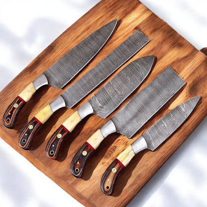 Damascus Knife Store Handmade Steel Kitchen Knives Set with Leather Roll - Angler's Pro Tackle & Outdoors