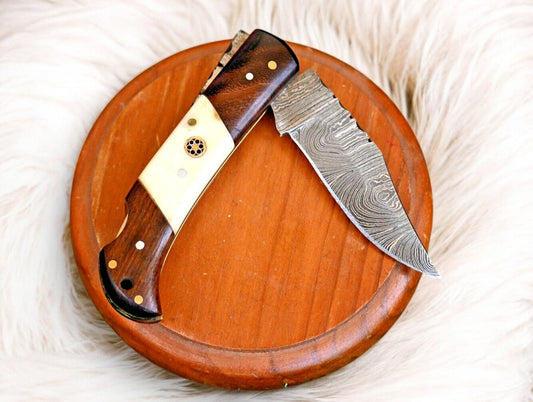 Damascus Knife Store Handmade Steel Pocket Knife – Rosewood & Bone - Angler's Pro Tackle & Outdoors