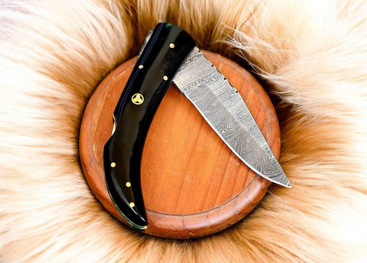 Damascus Knife Store Handmade Steel Pocket Knife with Buffalo Horn - Angler's Pro Tackle & Outdoors