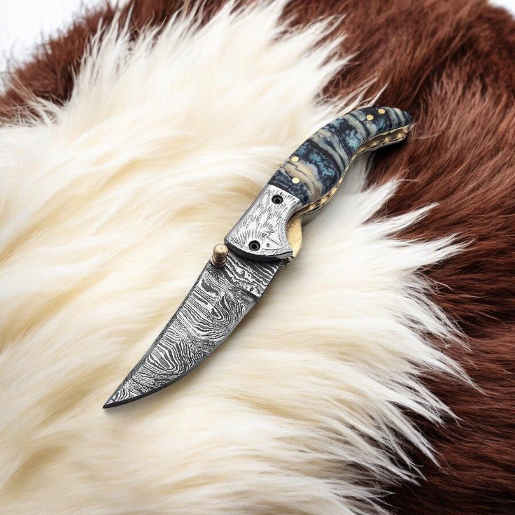 Damascus Knife Store Handmade Steel Pocket Knife with Epoxy Handle - Angler's Pro Tackle & Outdoors