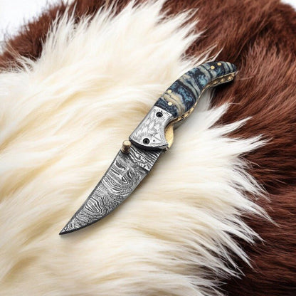 Damascus Knife Store Handmade Steel Pocket Knife with Epoxy Handle - Angler's Pro Tackle & Outdoors