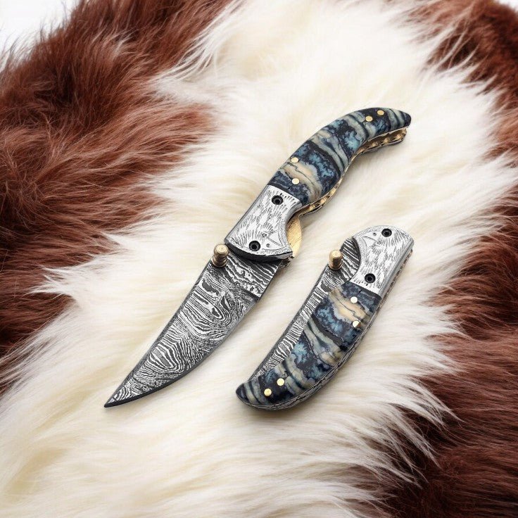 Damascus Knife Store Handmade Steel Pocket Knife with Epoxy Handle - Angler's Pro Tackle & Outdoors