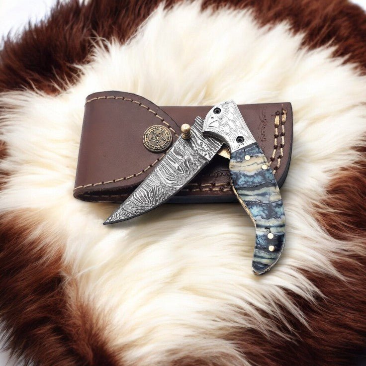 Damascus Knife Store Handmade Steel Pocket Knife with Epoxy Handle - Angler's Pro Tackle & Outdoors