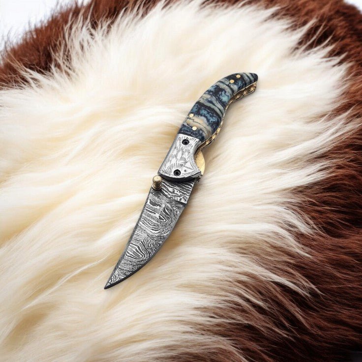 Damascus Knife Store Handmade Steel Pocket Knife with Epoxy Handle - Angler's Pro Tackle & Outdoors