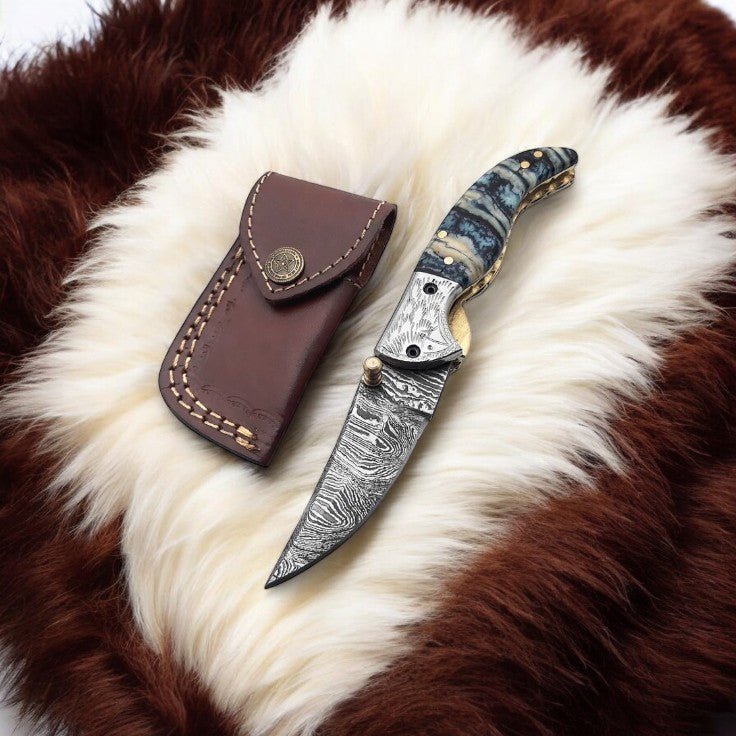 Damascus Knife Store Handmade Steel Pocket Knife with Epoxy Handle - Angler's Pro Tackle & Outdoors