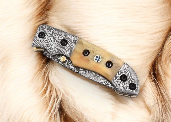 Damascus Knife Store Mini folding knife | Bone Handle pocket knife | 3 inch blade - Angler's Pro Tackle & Outdoors