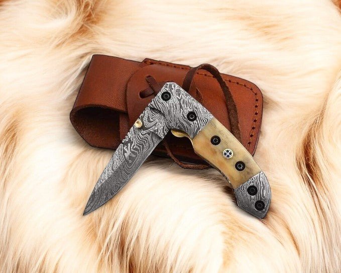 Damascus Knife Store Mini folding knife | Bone Handle pocket knife | 3 inch blade - Angler's Pro Tackle & Outdoors