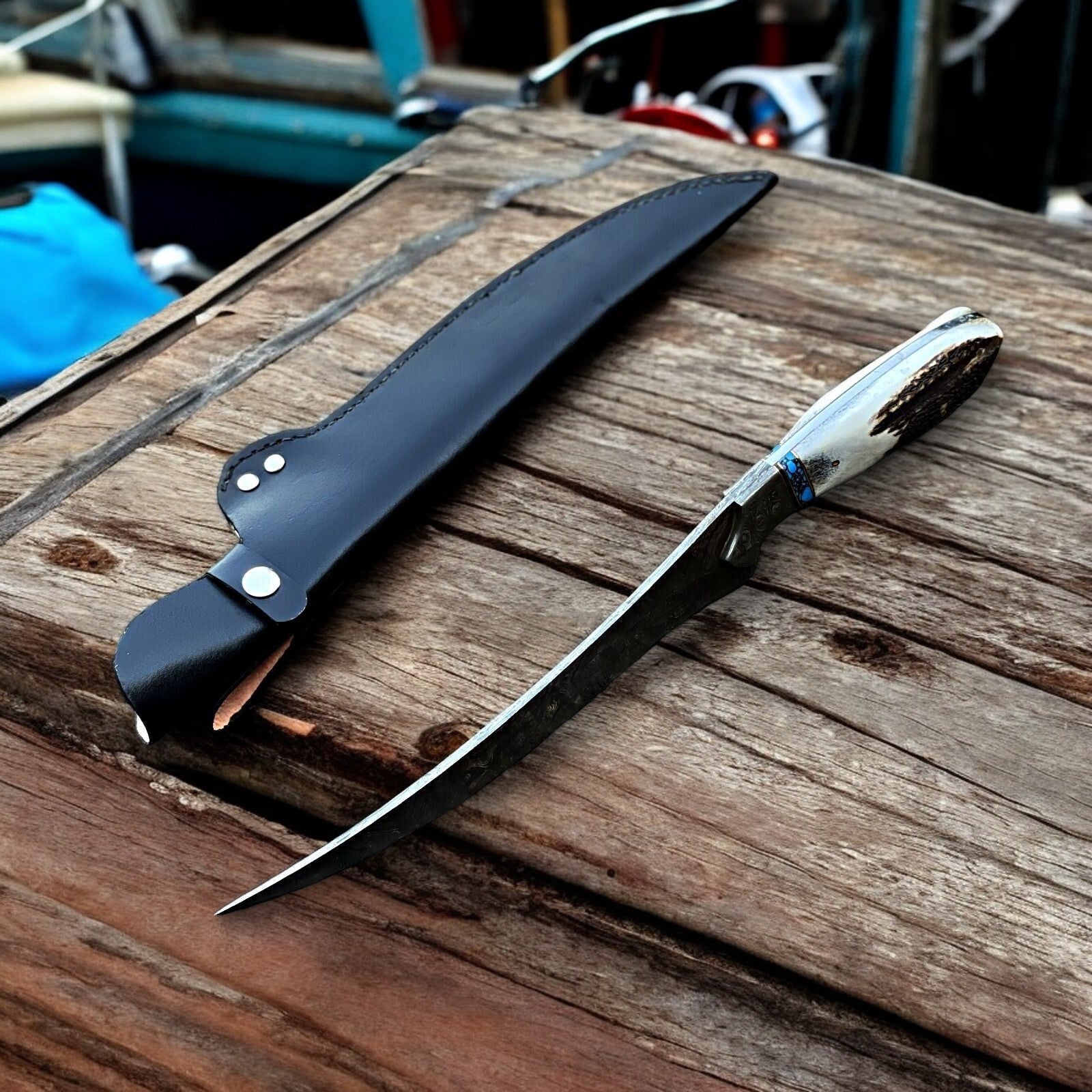 Damascus Knife Store Premium Damascus Fillet Knife – Antler Horn Handle, 13" - Angler's Pro Tackle & Outdoors