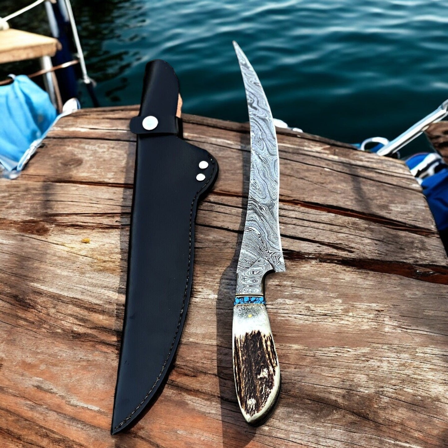 Damascus Knife Store Premium Damascus Fillet Knife – Antler Horn Handle, 13" - Angler's Pro Tackle & Outdoors