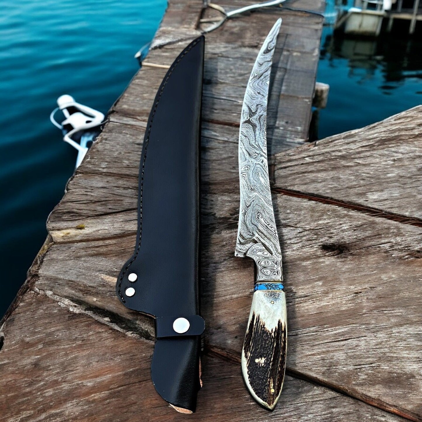 Damascus Knife Store Premium Damascus Fillet Knife – Antler Horn Handle, 13" - Angler's Pro Tackle & Outdoors