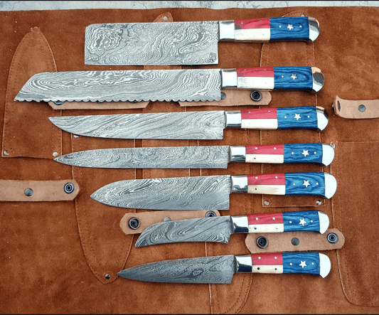 Damascus Knife Store Texas Chefs 7 - Piece Custom Handmade Steel Knife Set with Exotic Wood Handles & Leather Roll - Angler's Pro Tackle & Outdoors