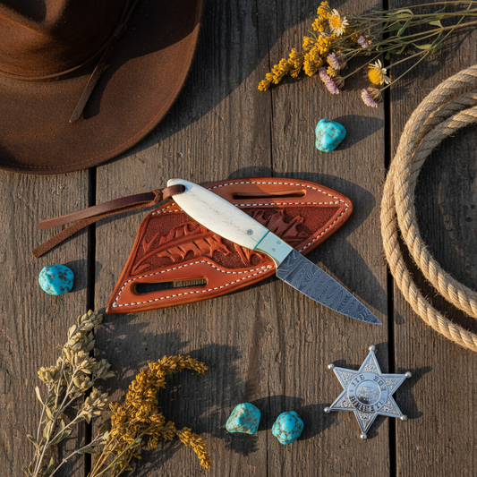 Frontier Cowboy Gear Compact Damascus Western Knife – Bone Handle & Brass Bolster with Leather Sheath | 6.25"