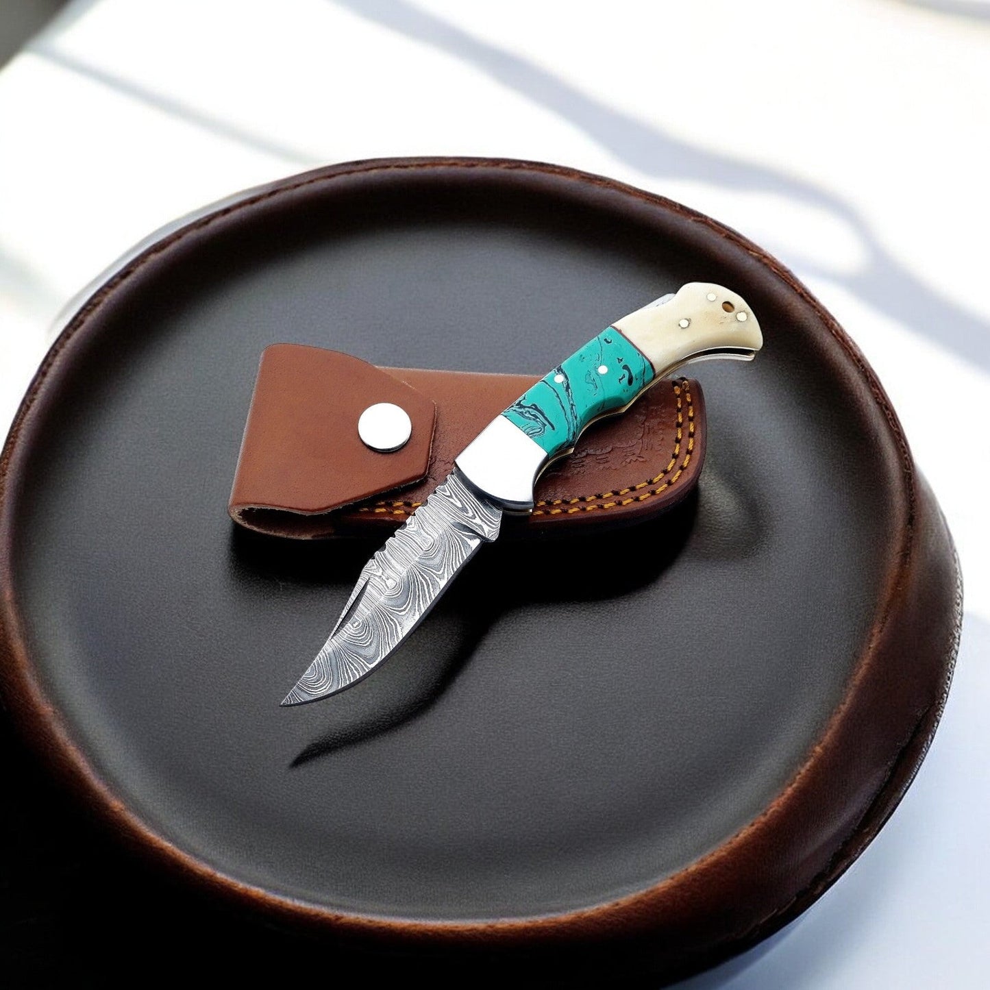 Damascus Pocket Knife - Resin & Bone Handle, 3" Blade - Angler's Pro Tackle & Outdoors