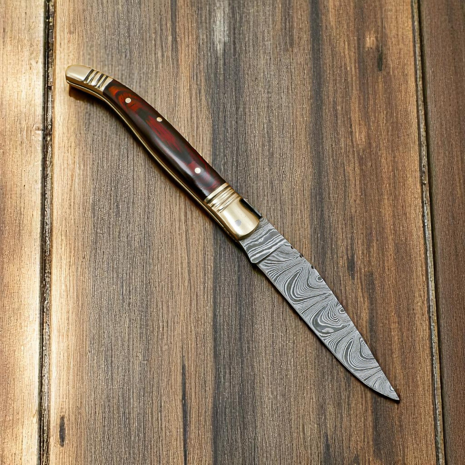 Damascus Pocket Knife with Exotic Wood & Brass Bolster - Angler's Pro Tackle & Outdoors