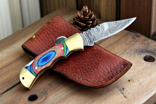 Damascus Pocket Knife with Exotic Wood & Brass Bolster - Angler's Pro Tackle & Outdoors