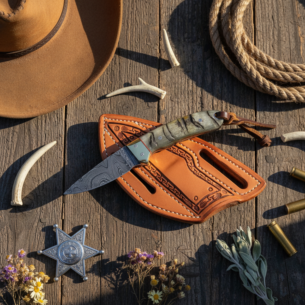 Frontier Cowboy Gear Compact Western Utility Knife – Damascus Steel, Sheep Horn Handle & Brass Bolster with Leather Sheath | 6.25"