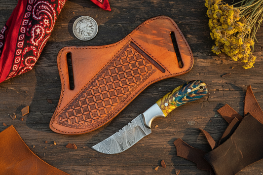 Frontier Cowboy Gear Cross Draw Knife with Sheath – Damascus Steel & Pine Cone Resin Handle | 7.5"