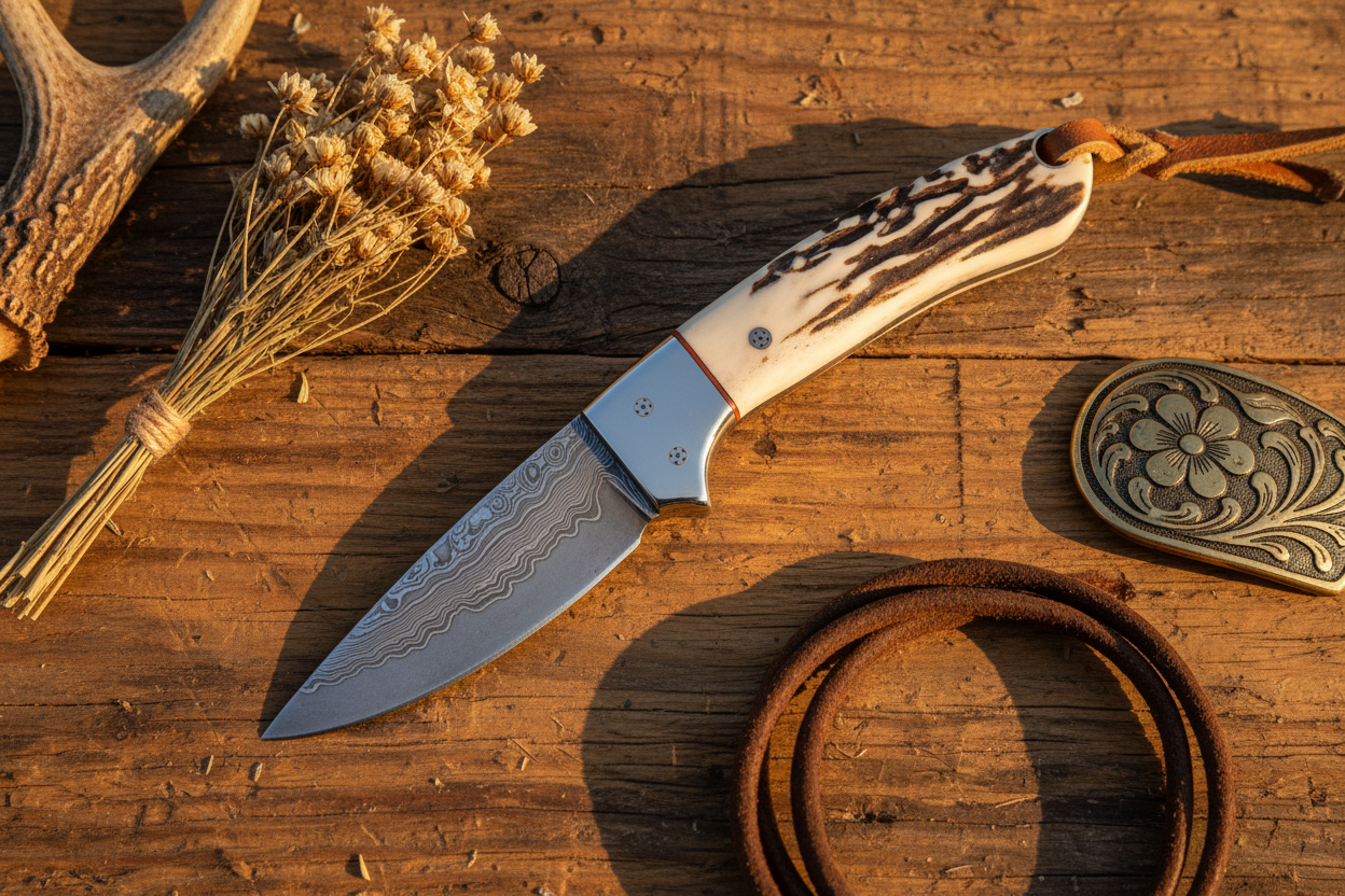 Frontier Cowboy Gear Cross Draw Knife – Damascus Steel, Antler Horn Handle, Steel Bolster & Leather Sheath | 6.25"