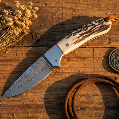 Frontier Cowboy Gear Cross Draw Knife – Damascus Steel, Antler Horn Handle, Steel Bolster & Leather Sheath | 6.25"