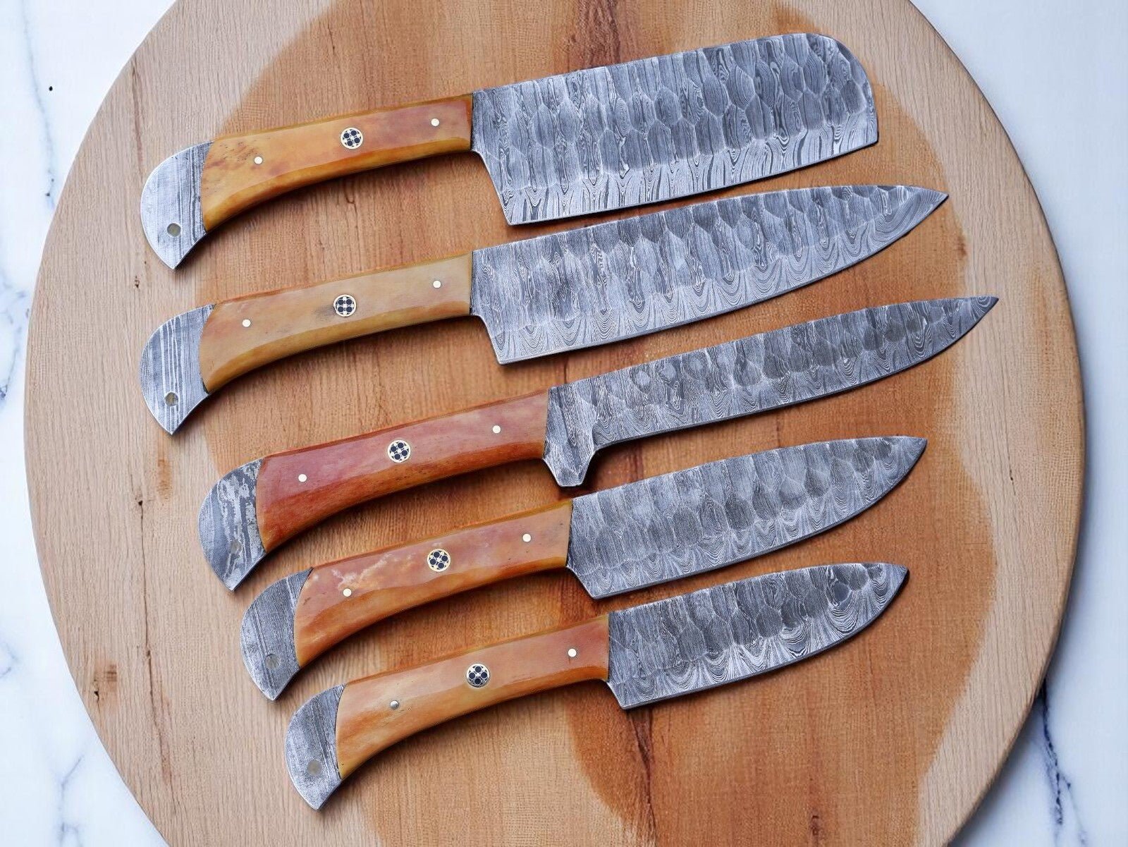 Damascus Steel Knife Sets – 5-Piece Full Tang Forged Blades - Angler's ...