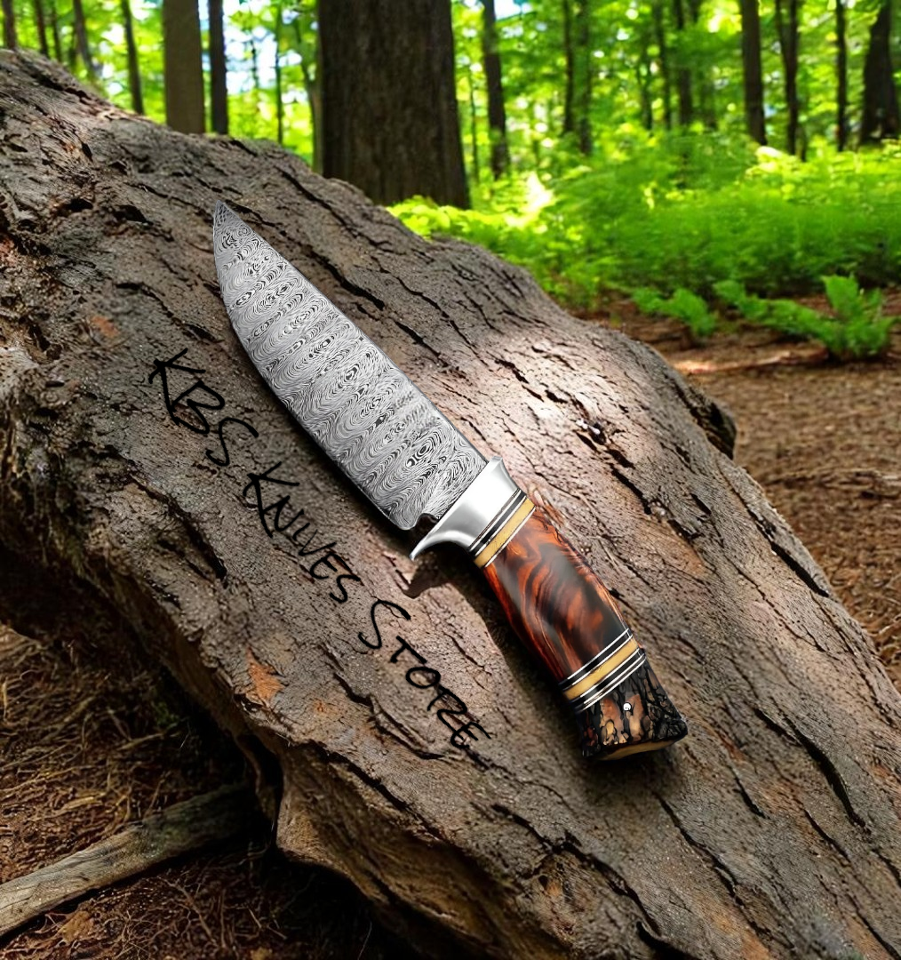 KBS Knives Good Hunting Knife – 11" Damascus Steel Blade with Rosewood & Antler Horn Handle