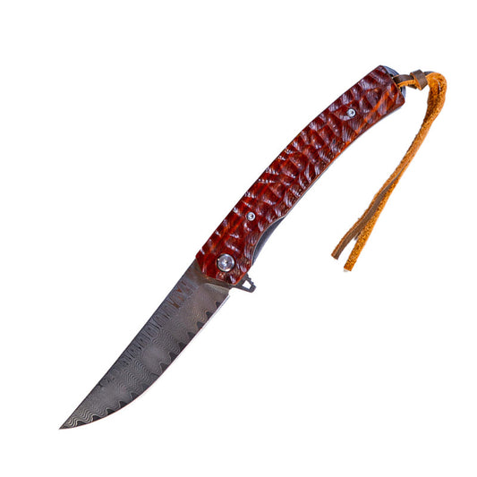 MUCITUP Damascus Flipper Knife Scraped Wood Handle Liner Lock 3.75" Blade 8.2" EDC