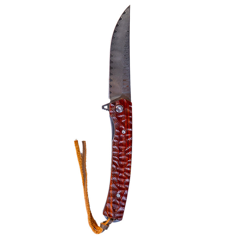 MUCITUP Damascus Flipper Knife Scraped Wood Handle Liner Lock 3.75" Blade 8.2" EDC