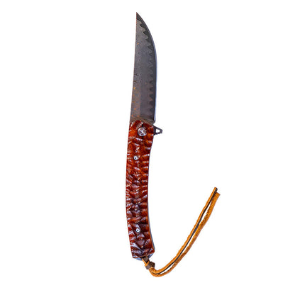 MUCITUP Damascus Flipper Knife Scraped Wood Handle Liner Lock 3.75" Blade 8.2" EDC