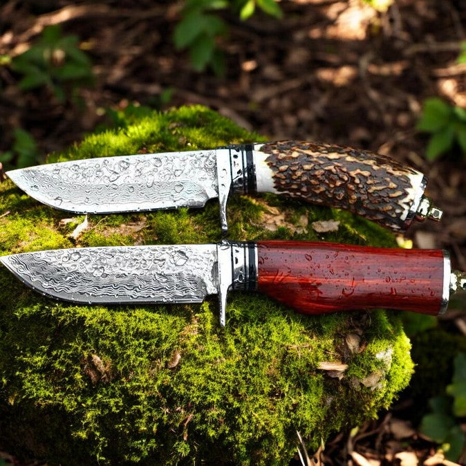KBS Knives Custom Handmade Damascus Steel Hunting Knives – 9" with Wood and Antler Horn Handle