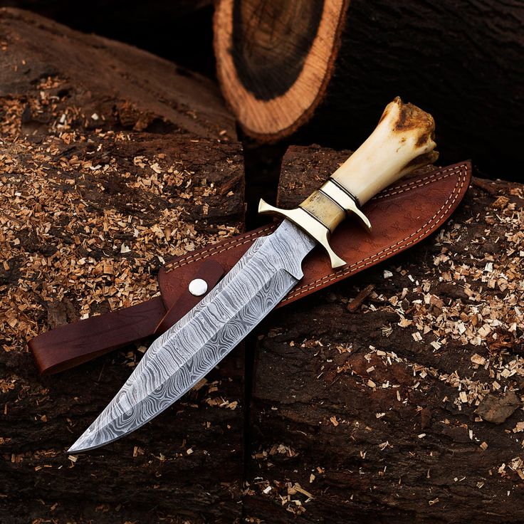 KBS Knives 15-Inch Twist Damascus Steel Blade Custom Handcrafted Hunting Bowie Knife | 9.5-Inch Blade, Bone Handle, Brass & Damascus Finger Guards, Leather Sheath | KBS Knives
