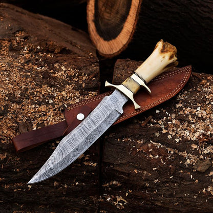 KBS Knives 15-Inch Twist Damascus Steel Blade Custom Handcrafted Hunting Bowie Knife | 9.5-Inch Blade, Bone Handle, Brass & Damascus Finger Guards, Leather Sheath | KBS Knives