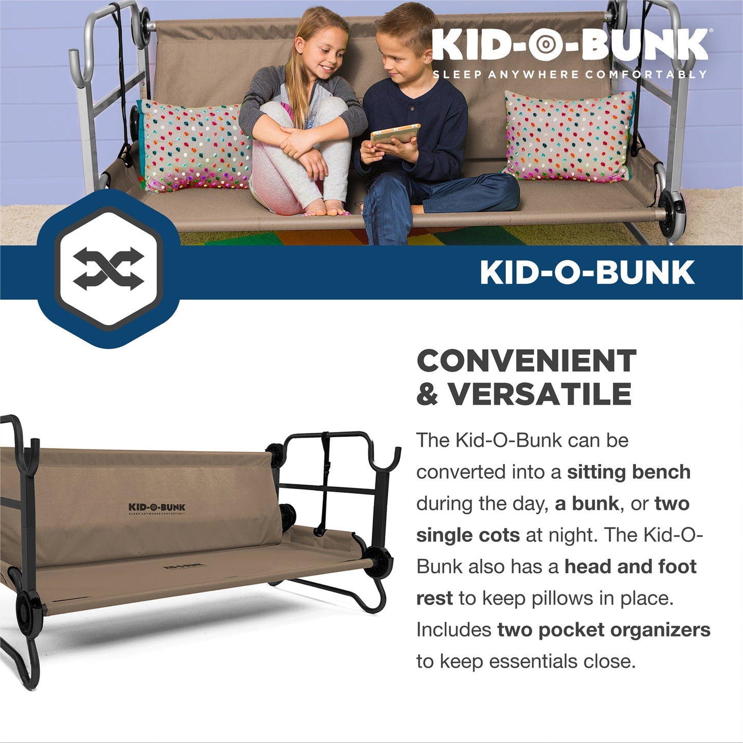 Disc - O - Bed Kid - O - Bunk Benchable Double Toddler Bed with Storage Organizers, Tan - Angler's Pro Tackle & Outdoors