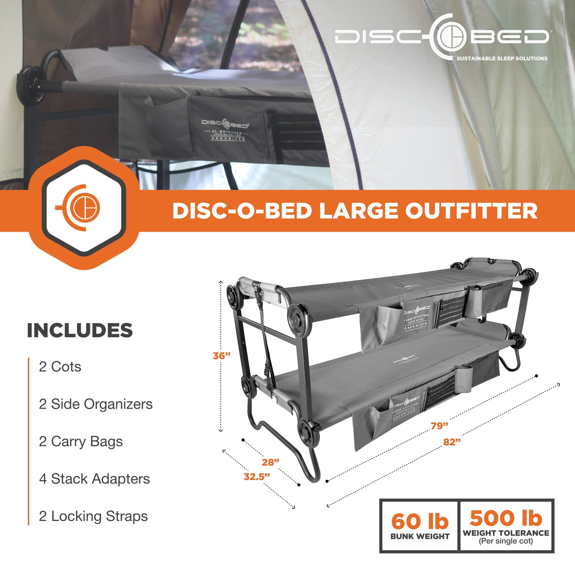 Disc - O - Bed Large Outfitter Bunk Benchable Double Cot w/ Storage Organizers, Gray - Angler's Pro Tackle & Outdoors