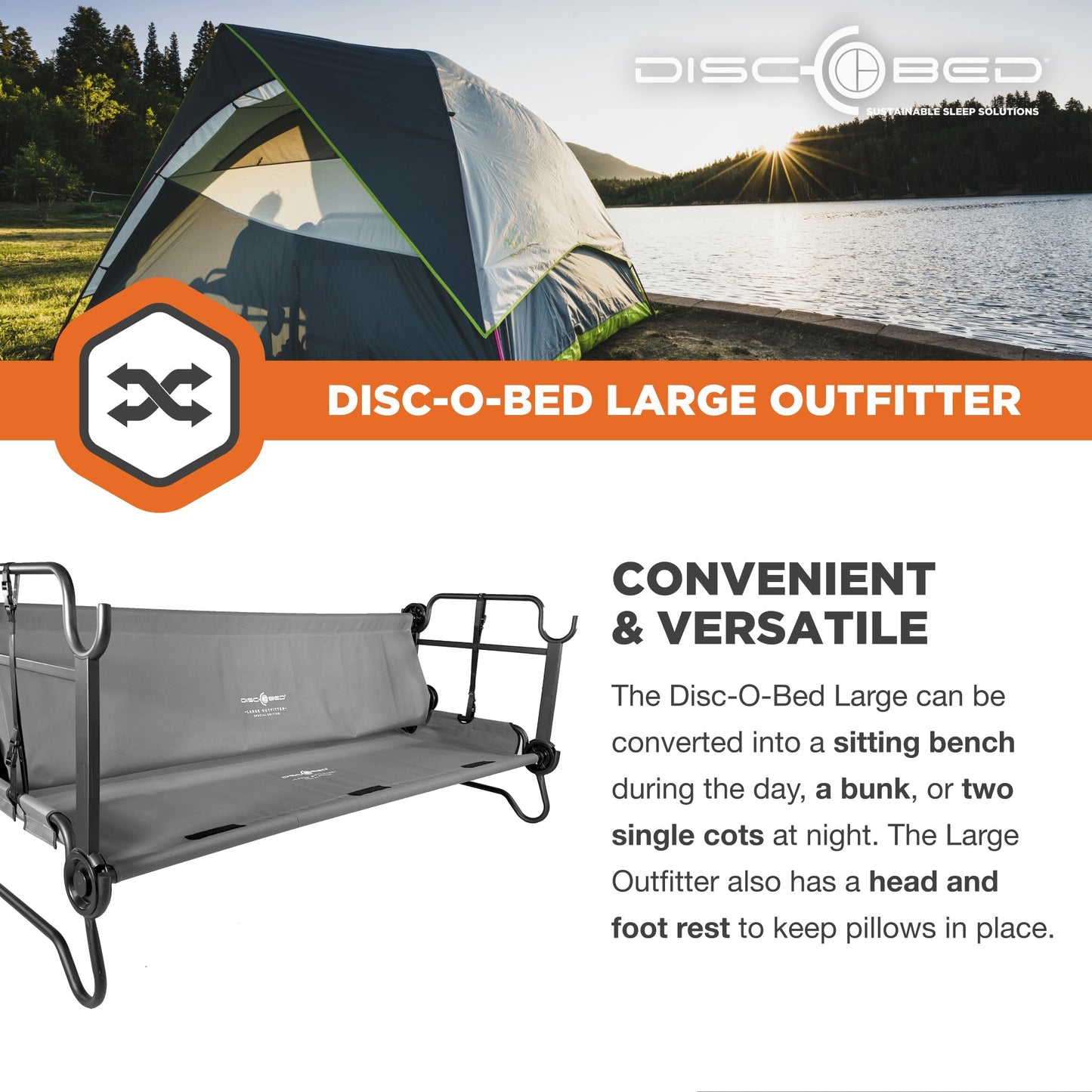 Disc - O - Bed Large Outfitter Bunk Benchable Double Cot w/ Storage Organizers, Gray - Angler's Pro Tackle & Outdoors