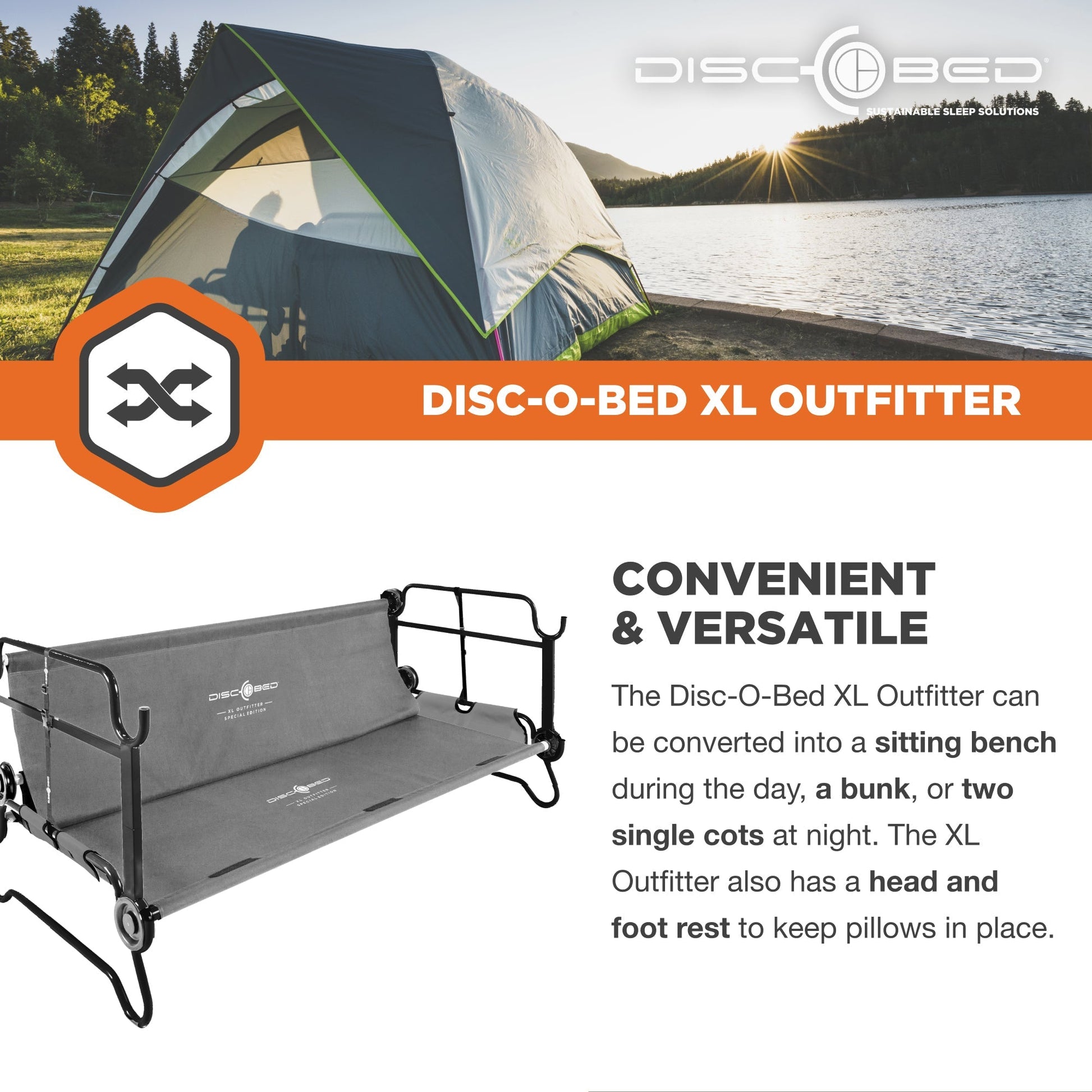 Disc - O - Bed XL Outfitter Bench Double Cot Camping Bunk with Organizers, Grey - Angler's Pro Tackle & Outdoors