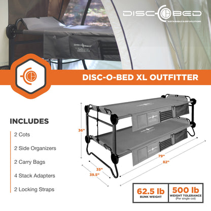 Disc - O - Bed XL Outfitter Bench Double Cot Camping Bunk with Organizers, Grey - Angler's Pro Tackle & Outdoors