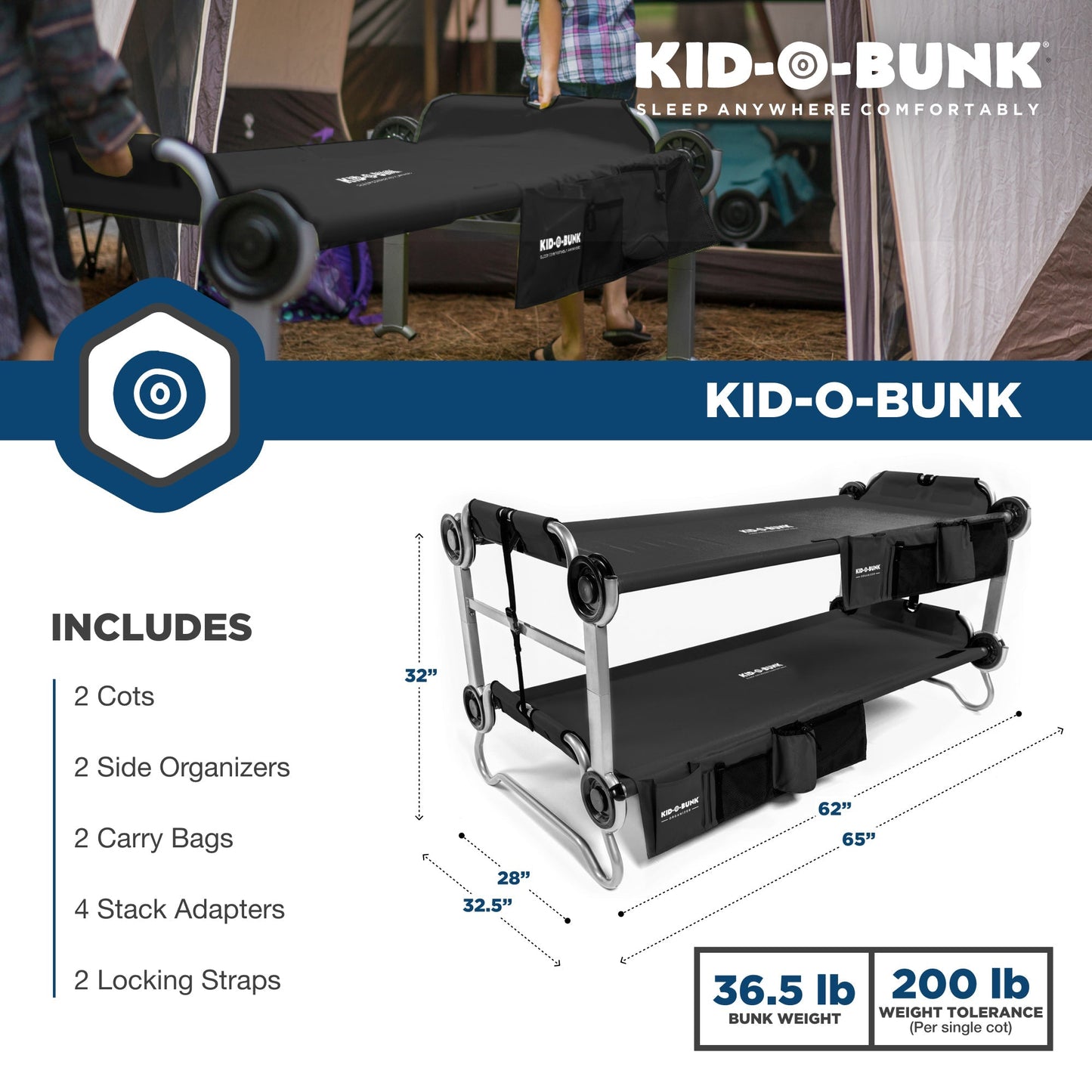 Disc - O - Bed Youth Kid - O - Bunk Benchable Double Cot with Storage Organizers, Black - Angler's Pro Tackle & Outdoors