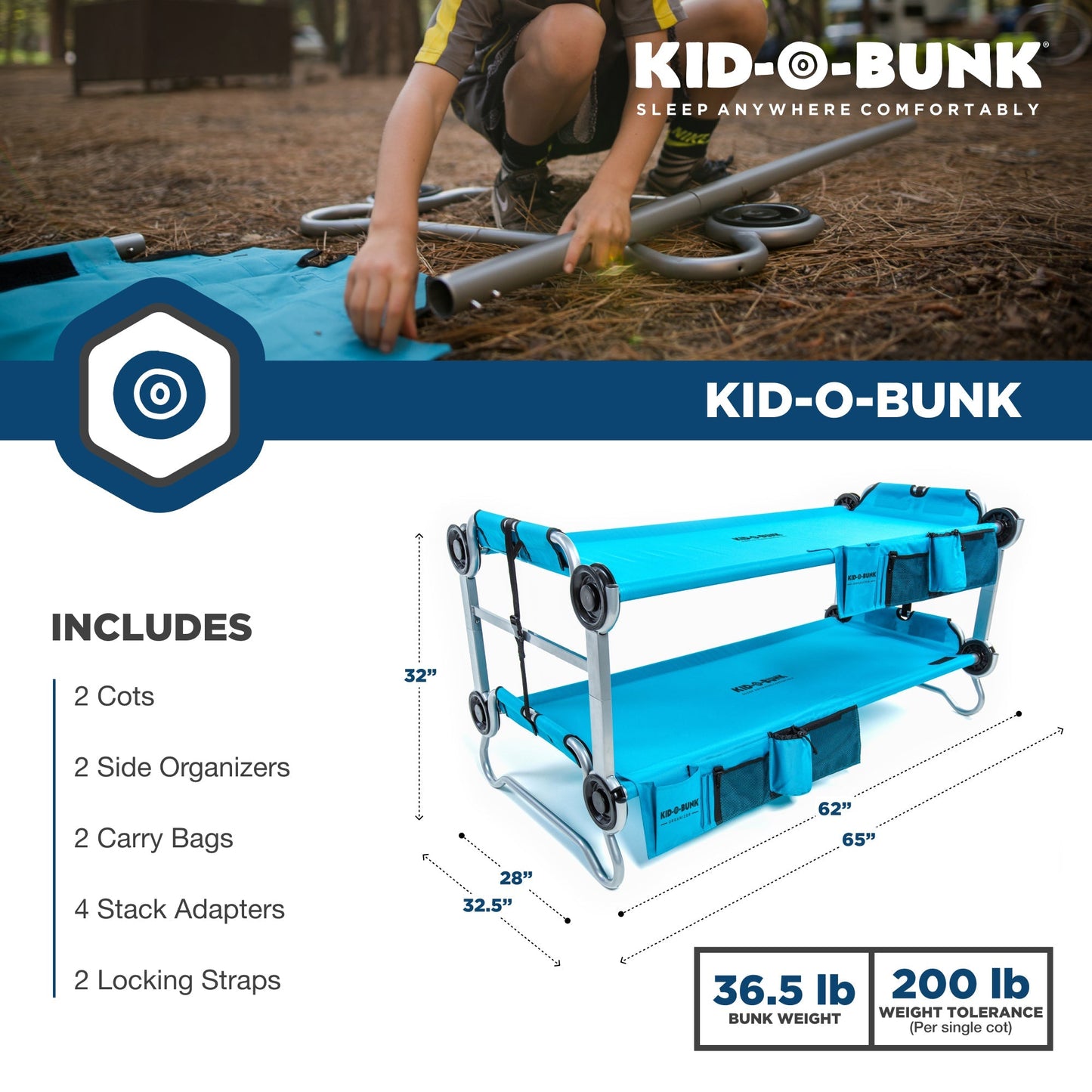 Disc - O - Bed Youth Kid - O - Bunk Benchable Double Cot with Storage Organizers, Teal - Angler's Pro Tackle & Outdoors