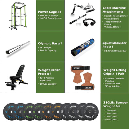 Core Sports & Fitness 210lb Green Home Gym Set Multi-functional Power Cage
