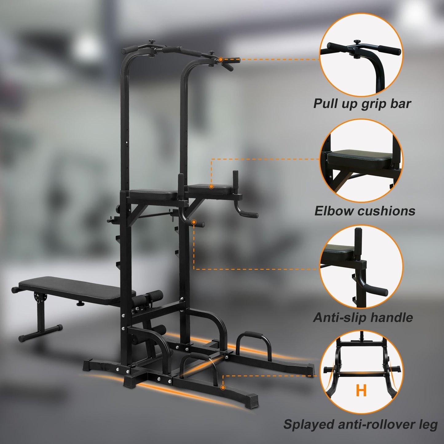 Core Sports & Fitness Power Tower with Bench Pull Up Tower Bar Dip Station