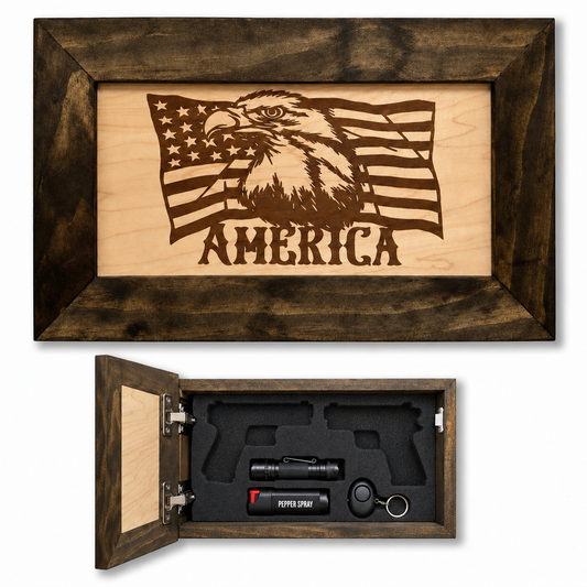 Bellewood Designs - American Flag with Bald Eagle Patriotic Decorative Wall-Mounted Secure Gun Cabinet