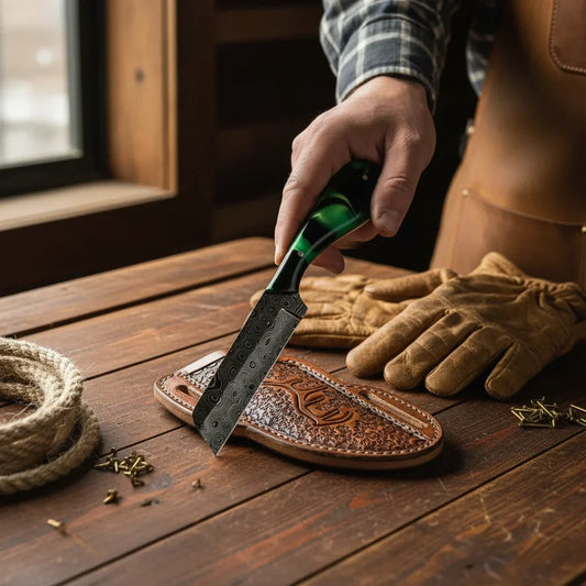 Frontier Cowboy Gear The Prairie Fire – Custom Handmade Damascus Steel Bull Cutter Knife with Epoxy Resin Handle & Leather Sheath