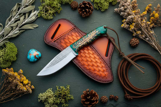Frontier Cowboy Gear Rasp Steel Western Utility Knife – Green Pine Cone Resin Handle & Leather Sheath | 8"