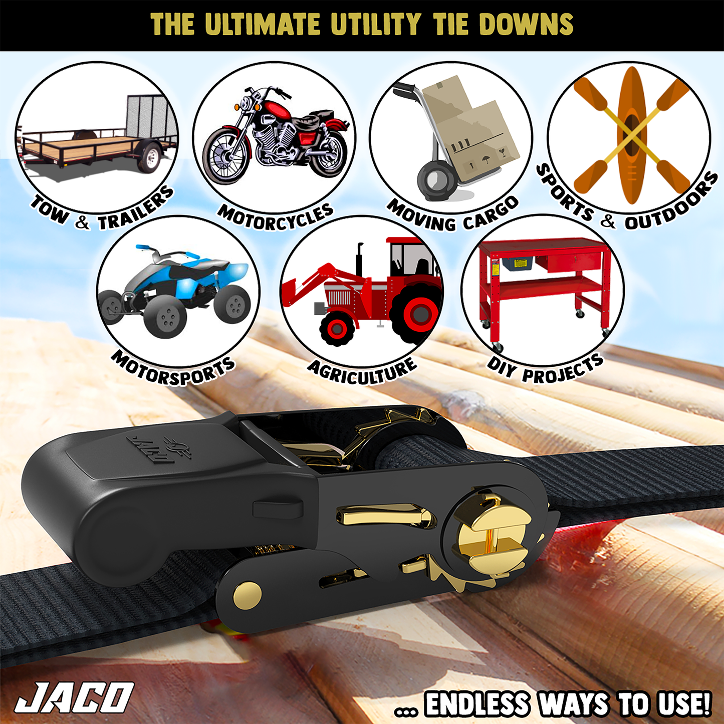 Jaco Tie Down Ratchet Straps (4 Pack) - 1 in x 15 ft | AAR Certified Break Strength (1,823 lbs) | Cargo Tie Down Set