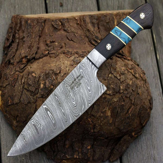 Shokunin USA Epicurian Damascus Chef Knife with Exotic Wenge Wood & Turquoise Handle