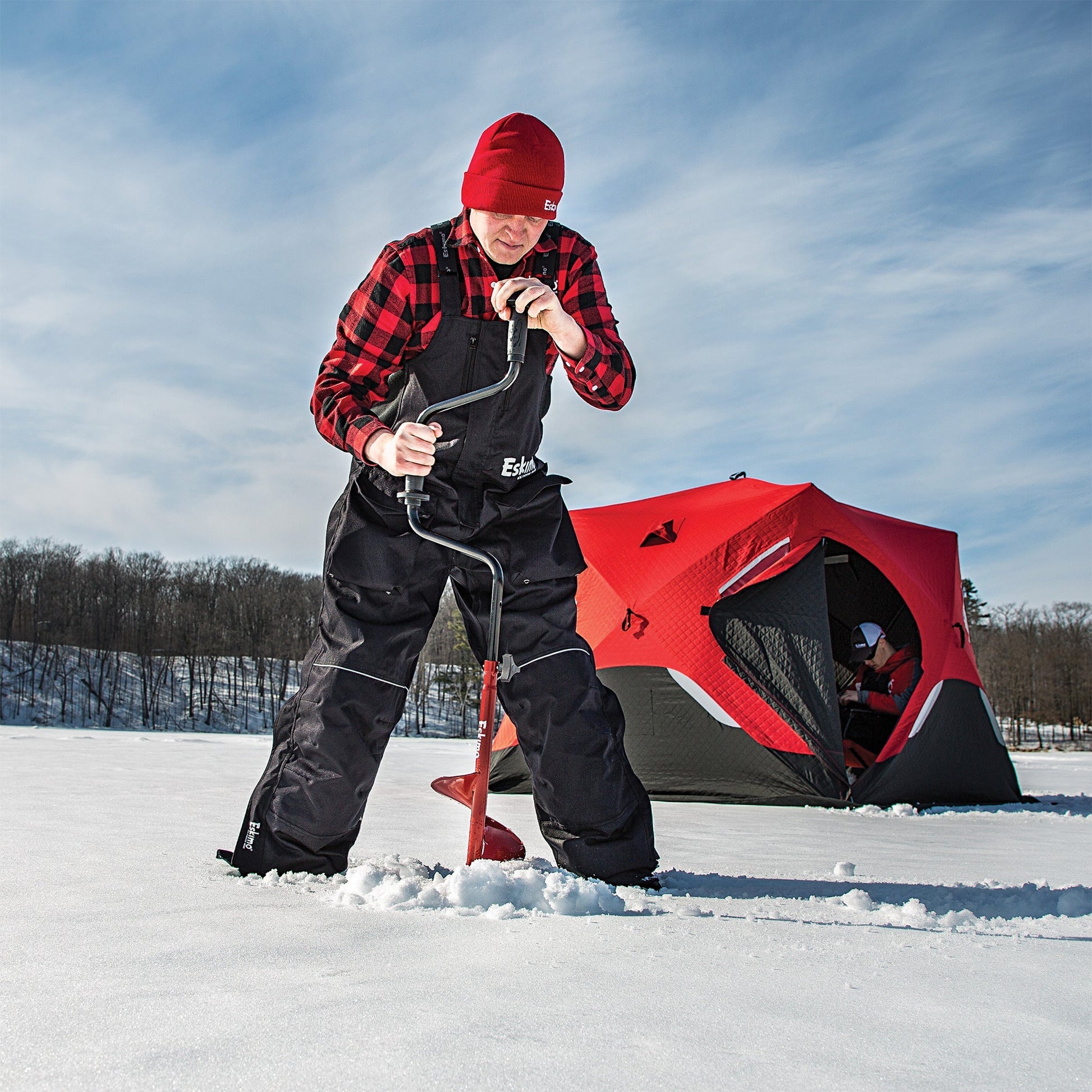 Eskimo HD06 6" Dual Flat Blade Ice Fishing Hand Auger with Blade Protector, Red - Angler's Pro Tackle & Outdoors