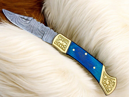 Exotic Blue Wood Damascus Pocket Knife | Back Lock - Angler's Pro Tackle & Outdoors