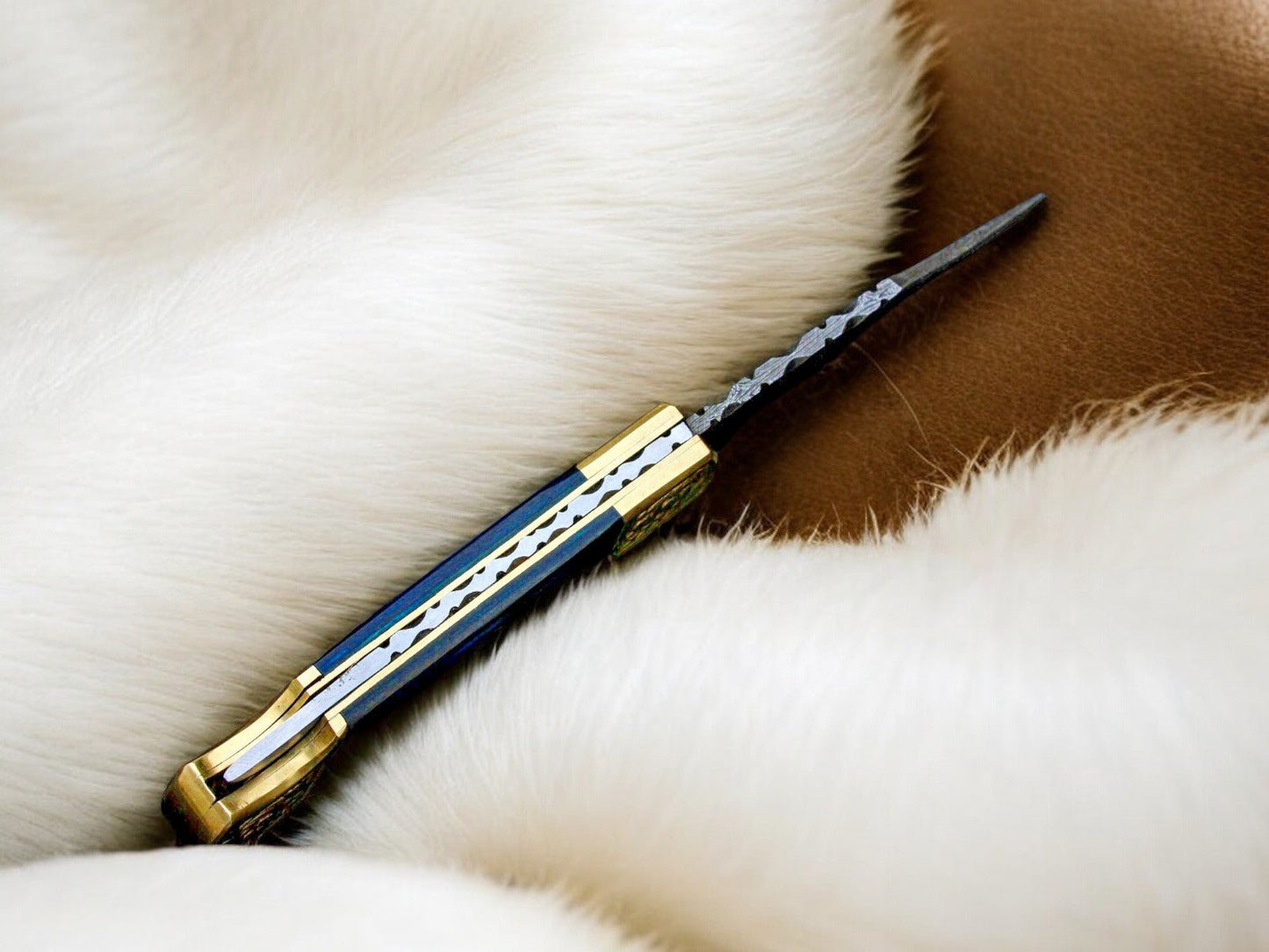 Exotic Blue Wood Damascus Pocket Knife | Back Lock - Angler's Pro Tackle & Outdoors