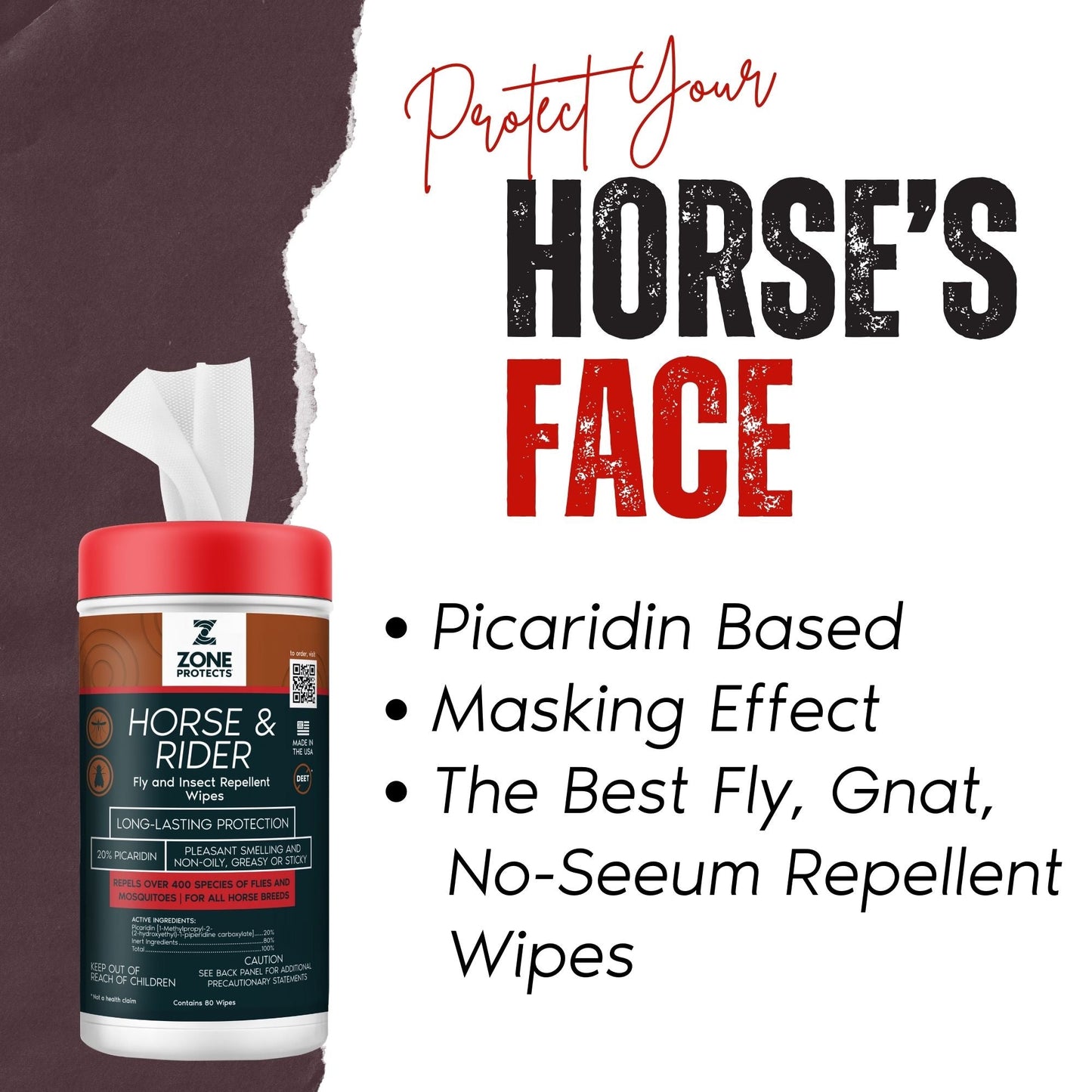 Zone Protects Horse & Rider Fly & Insect Repellent Wipes